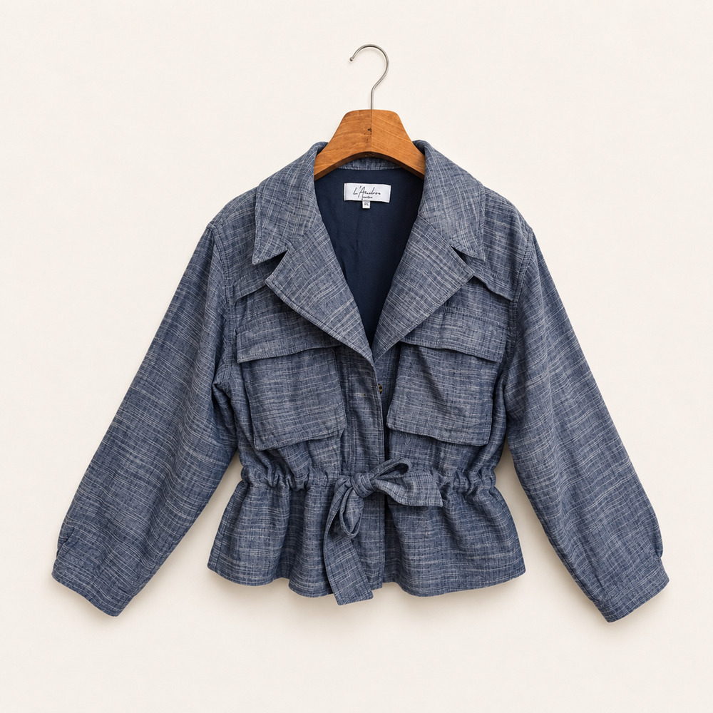 L'Academie Blue Ella Utility Jacket Tie Waist Cargo Pocket Textured Sz S Revolve